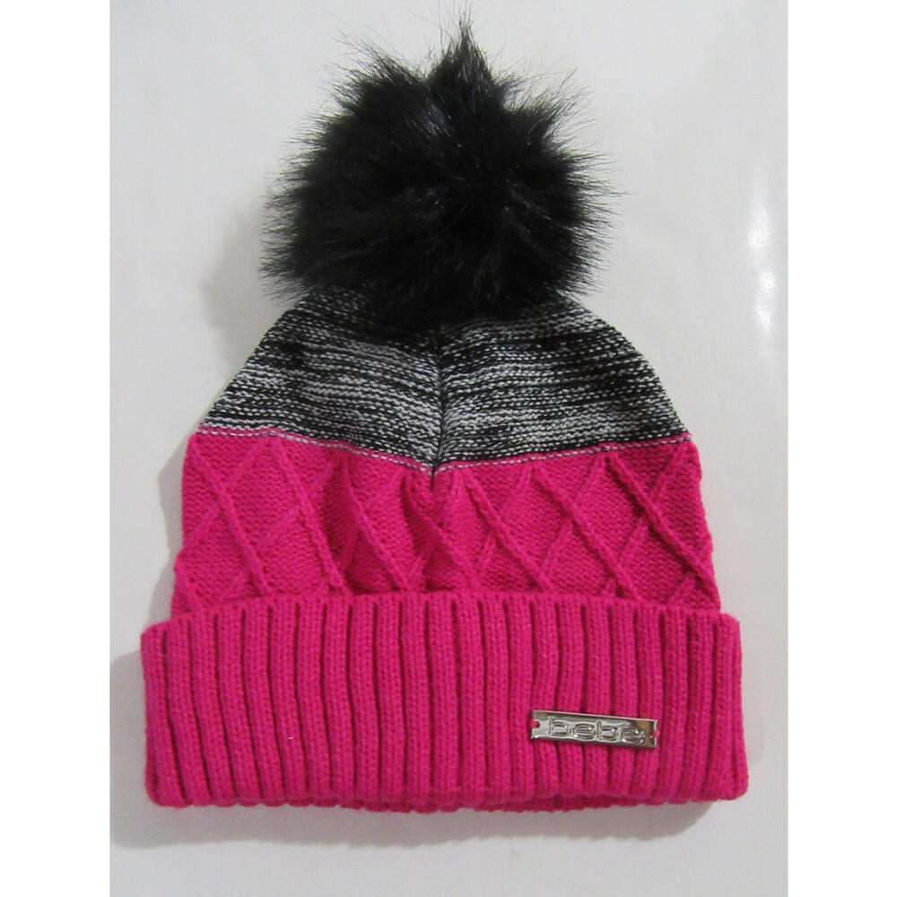 bebe Beanie Hat with Pom Pink and Black NWT